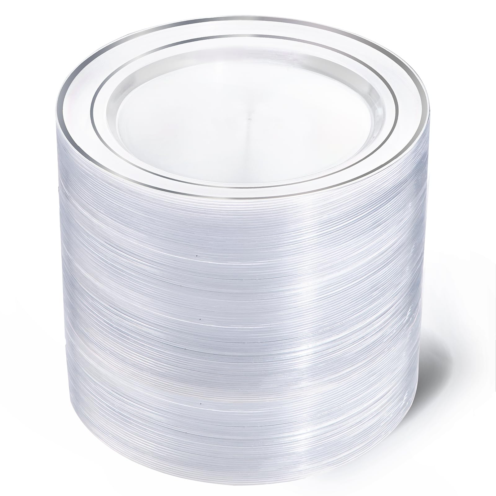 Photo 1 of I00000 100Pcs Clear Silver Plastic Plates,Silver Rim Plates 7 Inch,Heavy Duty Premium Clear Dish for Wedding Party Supplies for Salad Dessert Cake