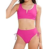 Glaoly Girls Swimsuit 2 Piece V-Neck Cutout Girls' Swimwear Top High Waisted Bottom Bathing Suits for Teens 7-16 Years