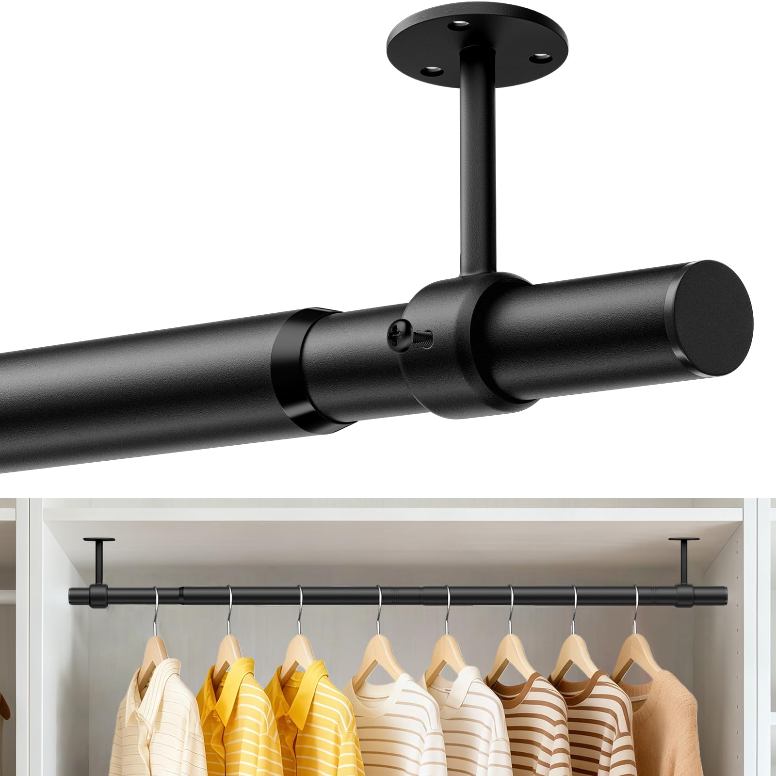 Photo 1 of ***MISSING BRACKETS***
Supforce Closet Rods for Hanging Clothes, 17 to 84 Inches Ceiling/Wall Mounted Stepless Adjustable Closet Hanging Rod, 1.3 Inch Heavy Duty Hanging Clothes Rod for Closet Wardrobe Laundry RV (Black)