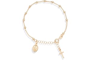 Miabella 18K Gold Over Sterling Silver Italian Rosary Cross Bead Charm Link Chain Bracelet for Women, Adjustable, 925 Made in Italy