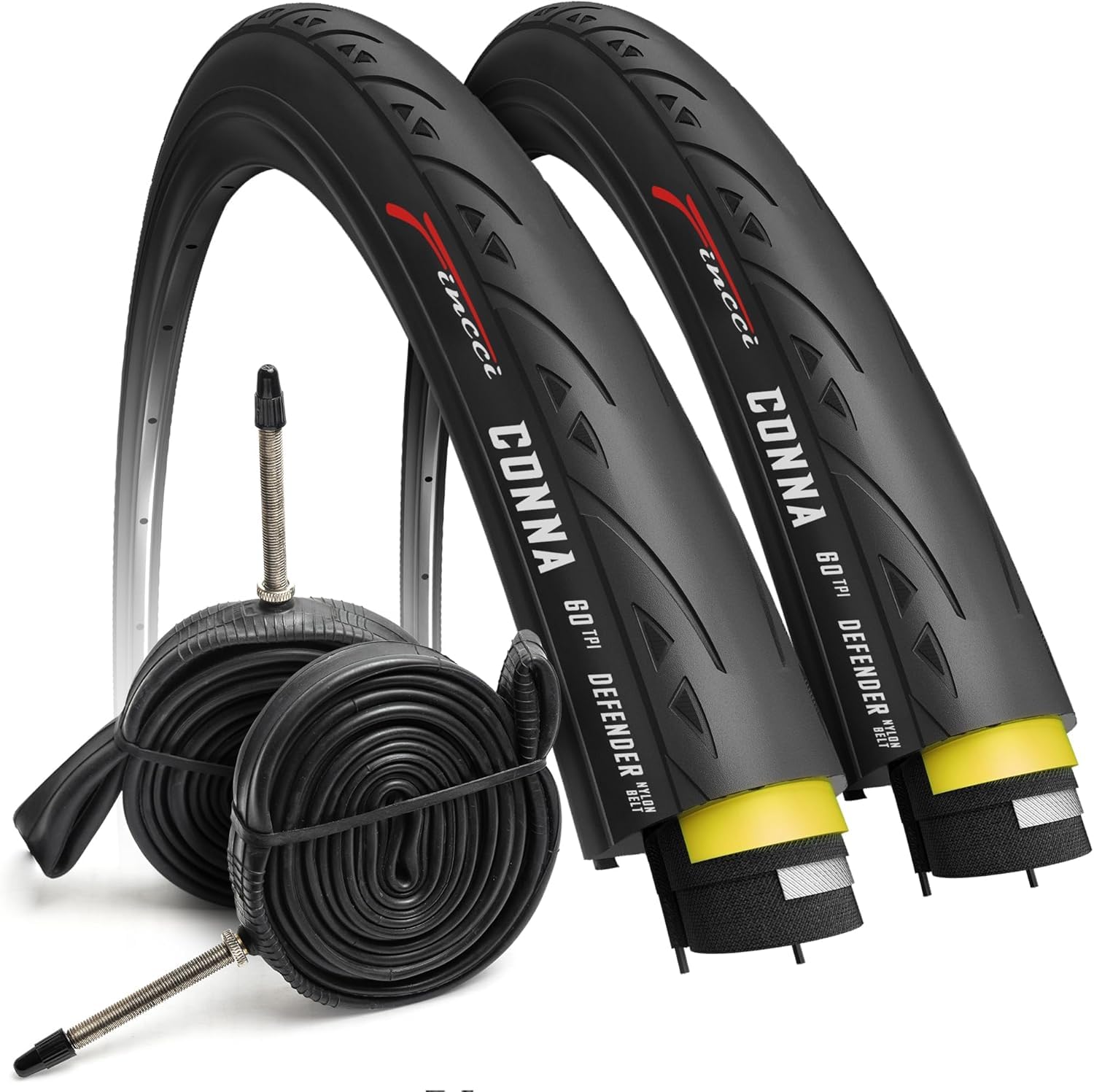 Fincci Road Bike 700x23c Tyres - Foldable Kevlar 700c Tyres 28 inch with 1mm Nylon Puncture Proof & Inner Tube 23-622 Presta, Lightweight 60 TPI for Race, Carrera & Touring Bikes, Turbo Trainer