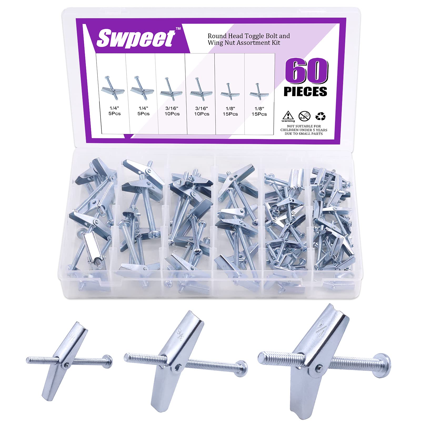 Swpeet Assorted 60 Pcs Toggle Bolt and Wing Nut Kit for Hanging Heavy Items on Drywall - 1/8 Inch, 3/16Inch, 1/4Inch