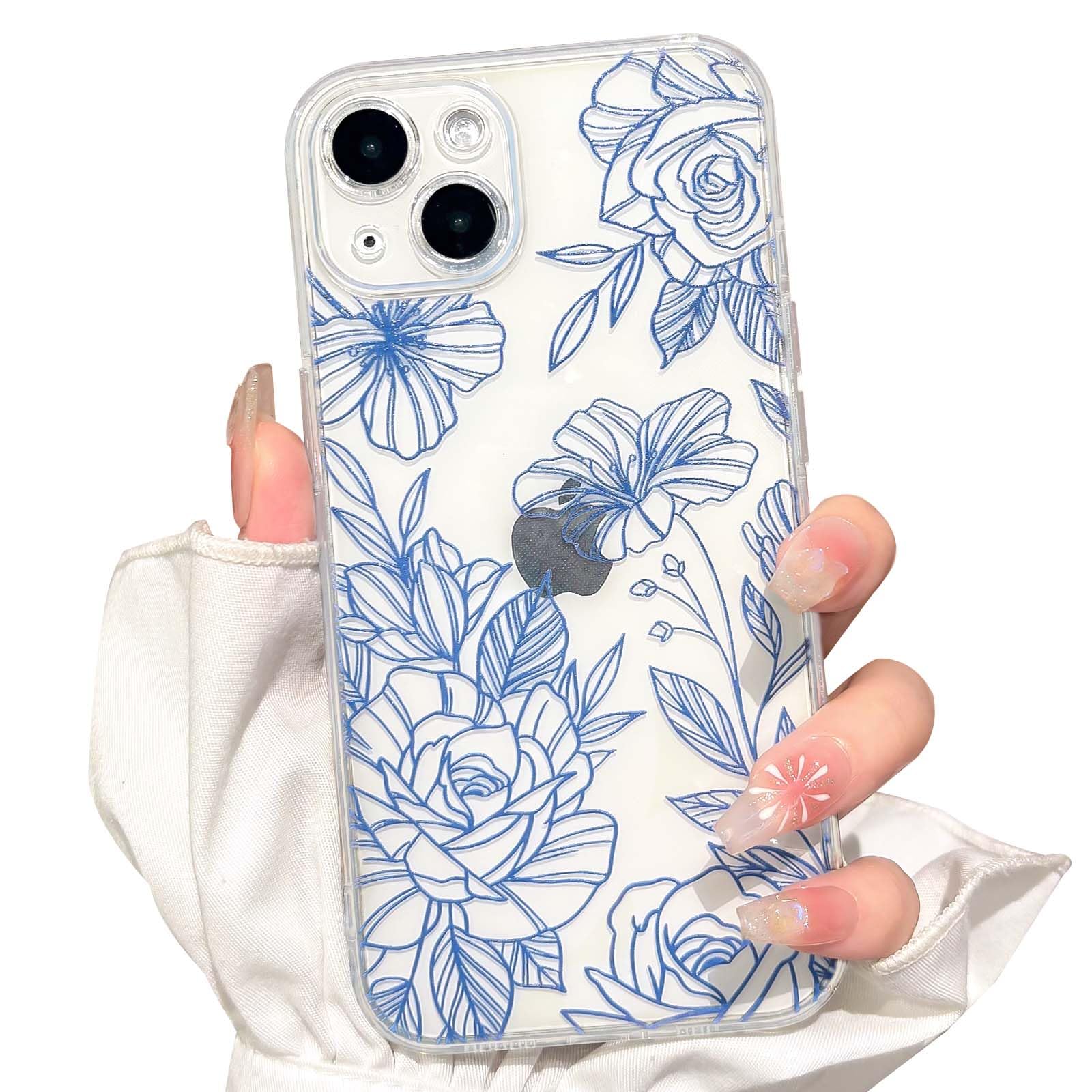 Photo 1 of NITITOP Compatible with iPhone 15 Case Cute Clear Floral Flower Pattern for Girls Women Soft TPU Full Camera Lens Shockproof Protective Phone Cover - Blue
