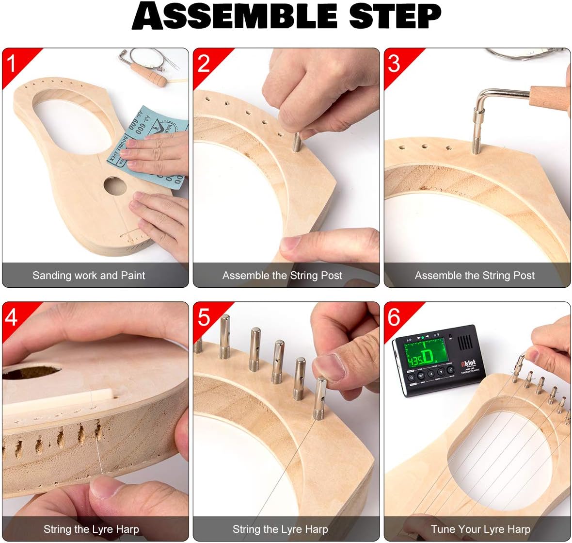 Kmise Lyre Harp 7 String DIY Kit Make Your Own Bass Wood with String Saddle String Post Tuning