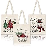 Whaline 3Pcs Christmas Canvas Tote Bags Plaid Xmas Tree Truck Snowman Grocery Shopping Bag Xmas Winter Reusable Gift Goodie Bag for Gifts Wrapping Storage, 13.4 x 15.8in