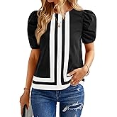 Cicy Bell Womens Summer Puff Sleeve Blouses Striped Color Block Cropped Tops Casual Round Neck Shirts