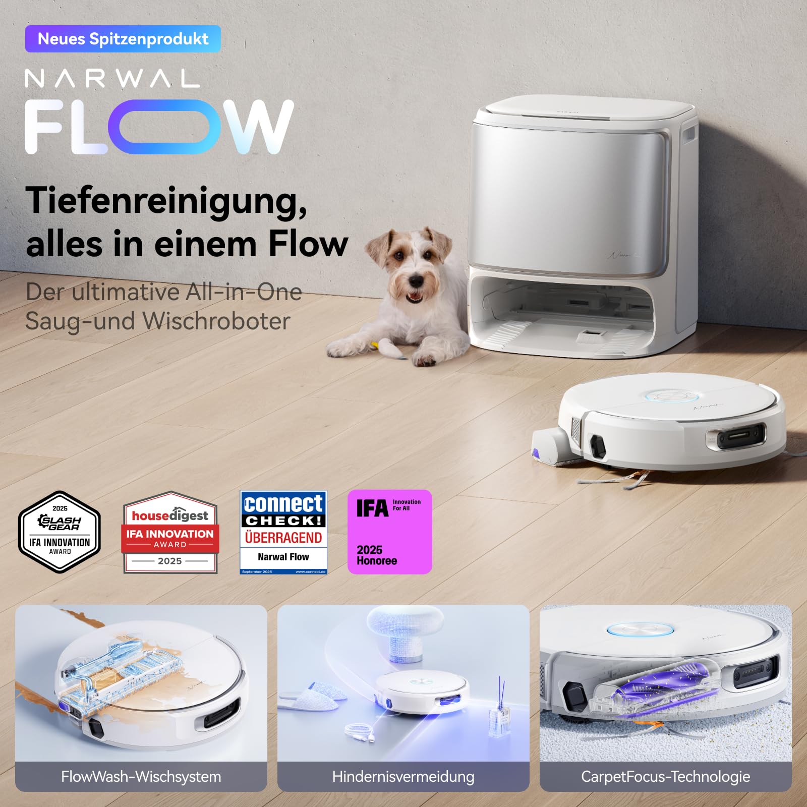 NARWAL Flow Saugroboter mit Wischfunktion, FlowWash-Moppsystem mit Echtzeit-Selbstreinigung, 22.000 Pa Wischroboter, Tierhaare DualFlow Tangle-Frei, 45-80°C Spülen und Heißlufttrocknung, Absaugstation 2