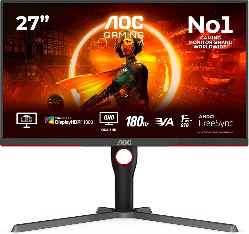Gaming Q27G3XMN - 27 Zoll QHD Monitor, 180 Hz, FreeSync Prem. Pro., HDR1000 (2560x1440, 1 ms GtG, HDMI, Display Port) schwarz-rot
