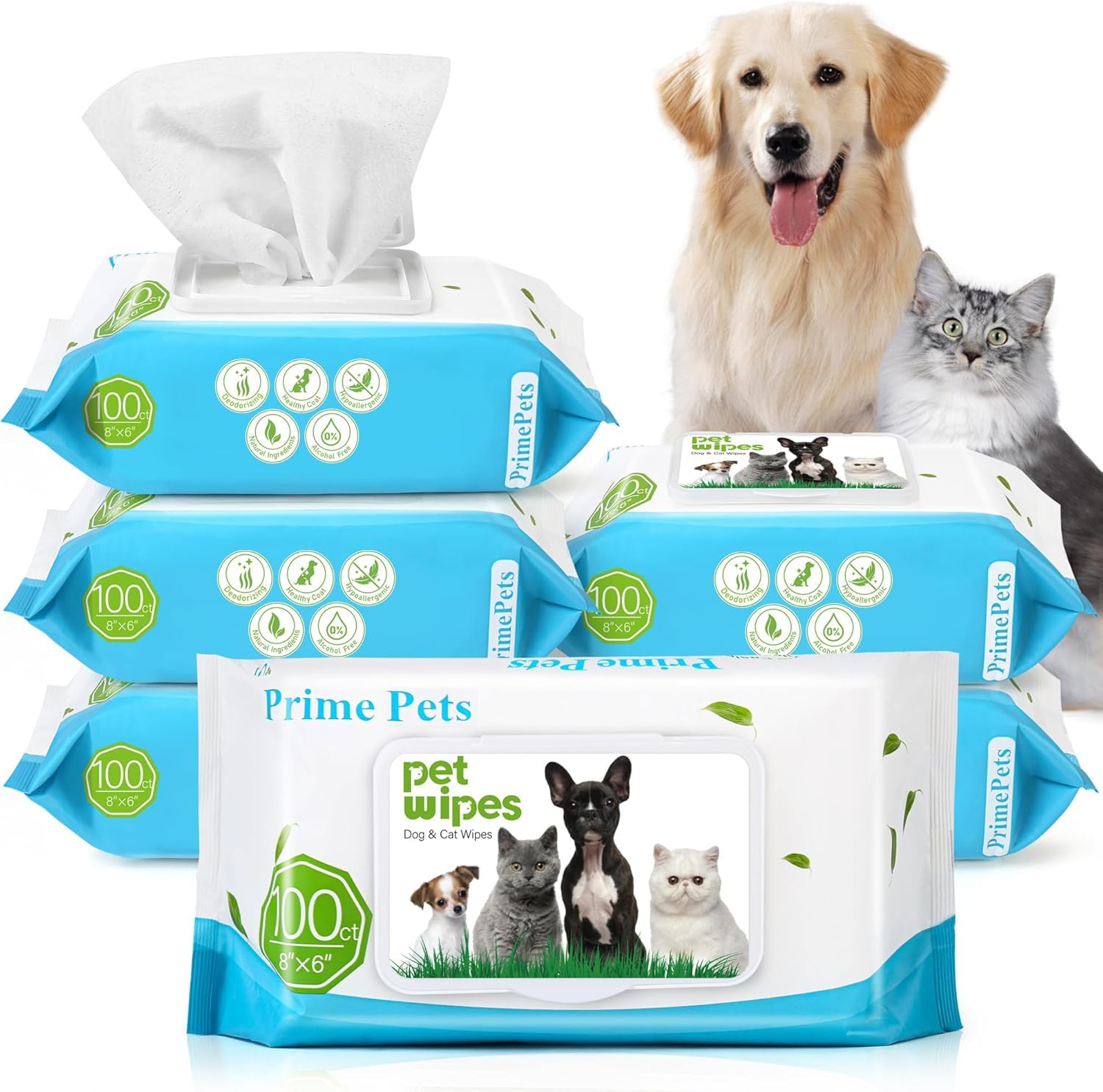 PrimePets Dog Wipes 6×100ct, Pet Wipes for Dogs and Cats, 15cm x 20cm, for Eyes, Ears, Paws, Face, Butt