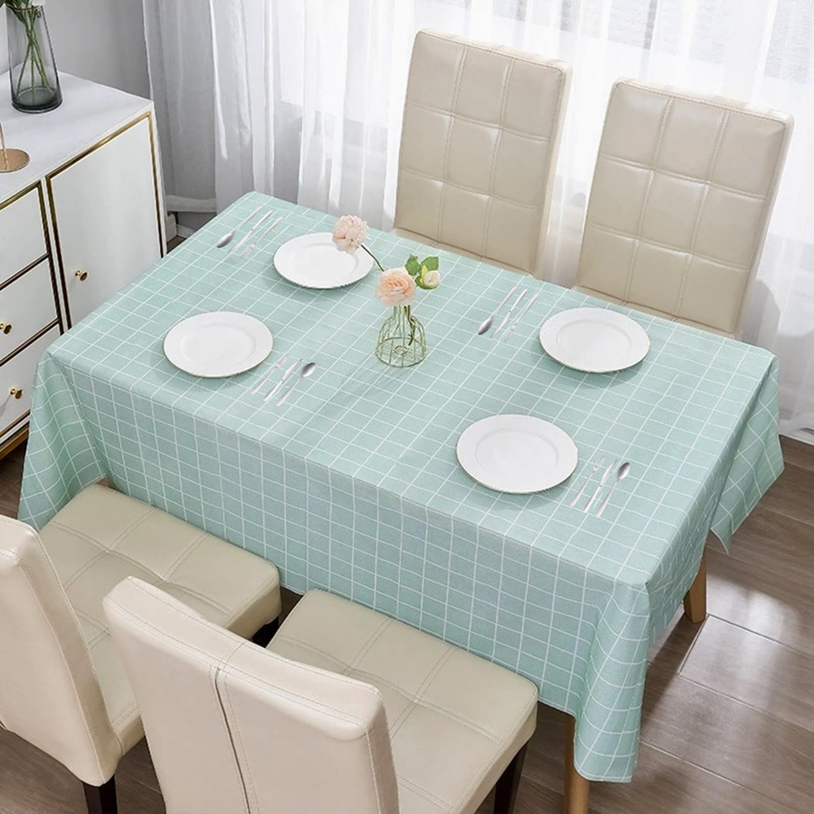 Blue Checkered PVC Table Cloth 137*180cm, Wipeable Waterproof Rectangular Table Cover, Outdoor Indoor Tablecloth for Party,Picnic