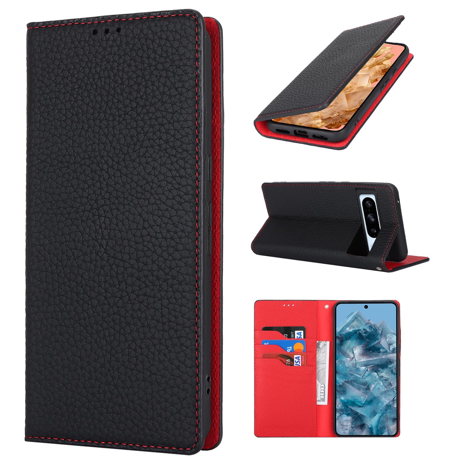 Cavor Phone Case compatible with Google Pixel 8 Pro,Flip Genuine Leather Wallet Case,[3 Card Holders][Magnetic][RFID-Blocking][Mit Lanyard],Protective Case Cover - Black