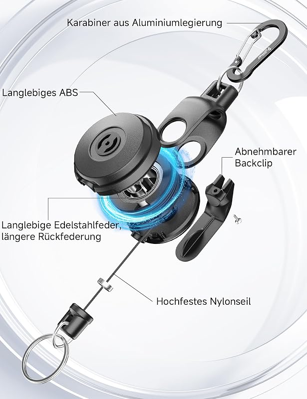 Einziehbarer Schlüsselanhänger - 360° Drehbar, Dauerhaft Ausziehbarer Karabiner-Ausweishalter, Taktische ID-Ausweisrolle mit Ausziehbar, 80cm/31,5 Zoll-Stahlschnur, 250g/8,8 oz - Schwarz