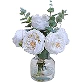 Forlaoers Modern White Roses Floral Silk Flower Arrangements Fake Flower Bouquet Artificial Flowers with Vase in Fake Water Centerpieces for Center Dining Table Decor Home Bathroom Office Decorations