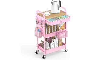 ALVOROG Rolling Cart with Drawer and Wood Table Top, 3 Tier Metal Rolling Utility Cart on Wheels with DIY Pegboards, Hanging Baskets,Hooks for Kitchen, Bedroom, Office, Craft Supplies