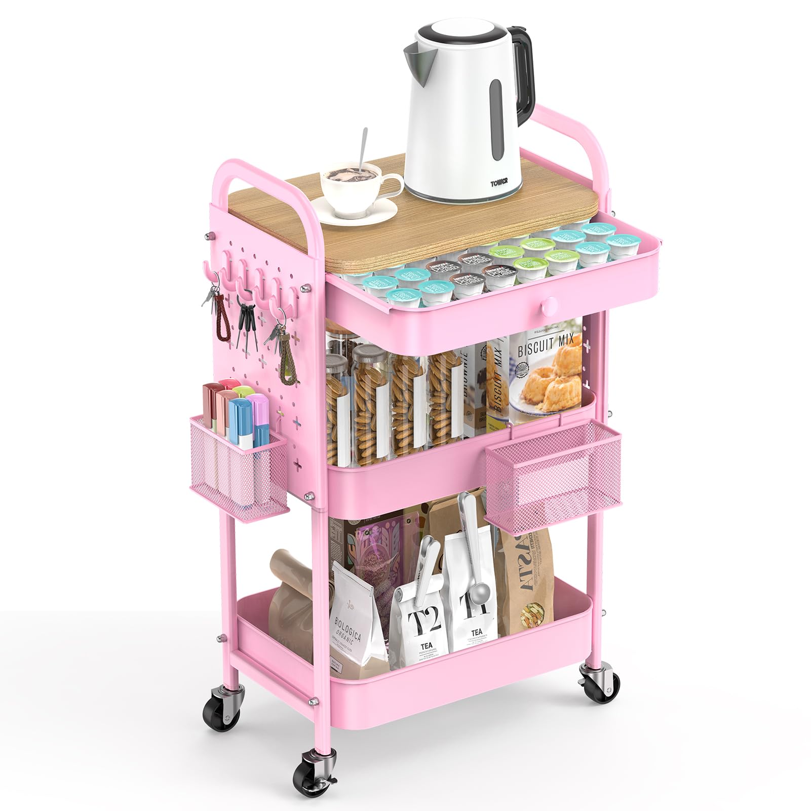 Photo 1 of ALVOROG Rolling Cart with Drawer and Wood Table Top, 3 Tier Metal Rolling Utility Cart on Wheels with DIY Pegboards, Hanging Baskets,Hooks for Kitchen, Bedroom, Office, Craft Supplies