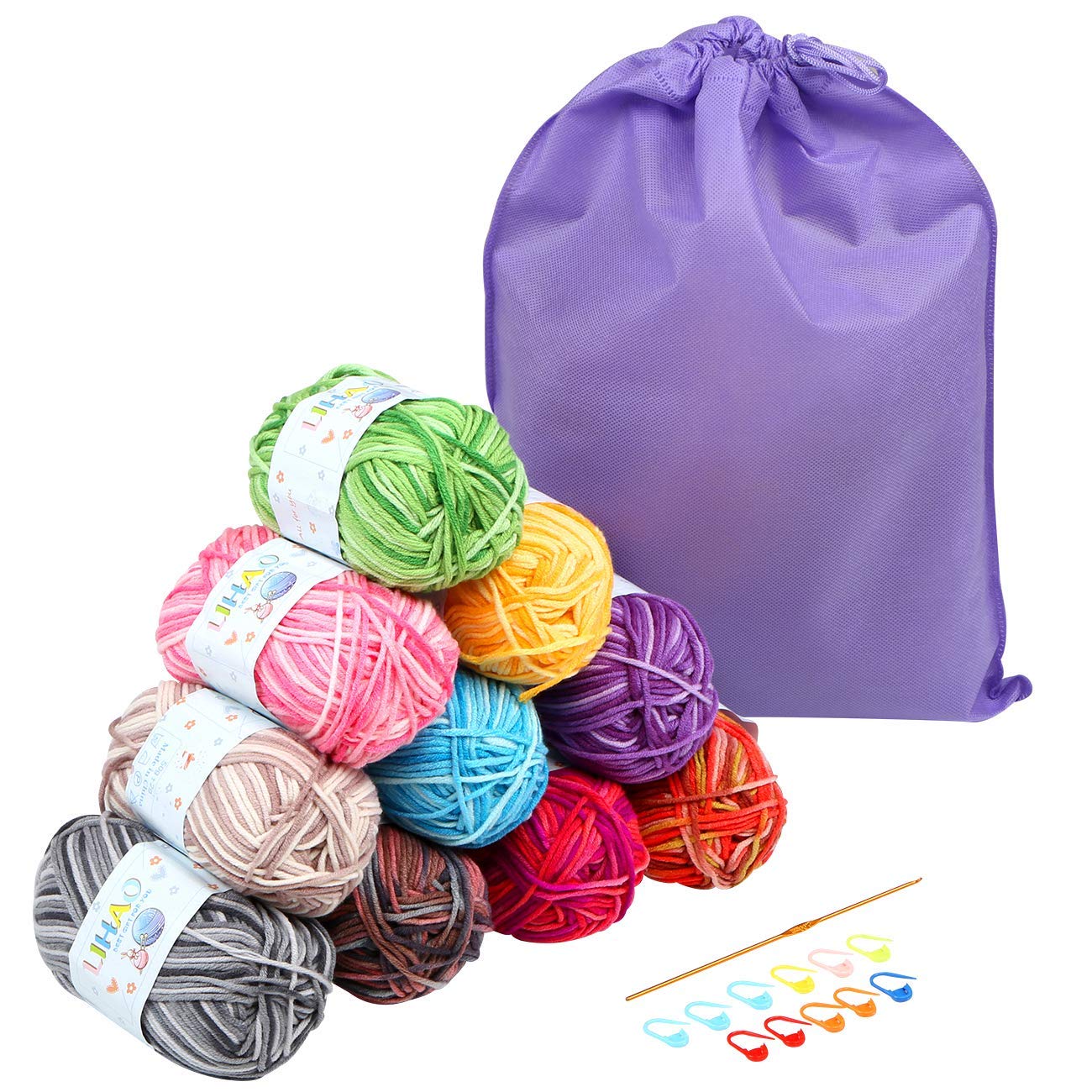 LIHAO 10 x Crochet Yarn Multi-Coloured Acrylic Cotton Knitting Yarn Skeins with Storage Bag - 50g/Roll