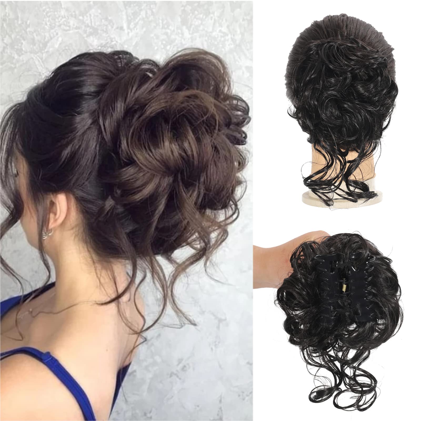 SDZNYQT Claw Messy Bun Hairpieces Clip Wavy Curly Hair Chignon Clip in Hairpieces Tousled Updo Doughnut Hair Bun Synthetic Hair Ponytail for Women Girls, Brown Black