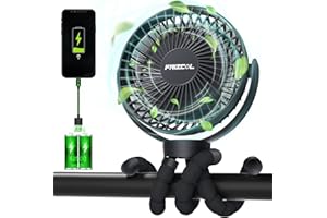 FRIZCOL Portable Stroller Fan, Use As Power Bank, 65H 12000mAh Battery Operated Fan Flexible Tripod Baby Car Seat Fans with Timming, Personal Mini Handheld/Desk/Small Clip On Fans For Stroller