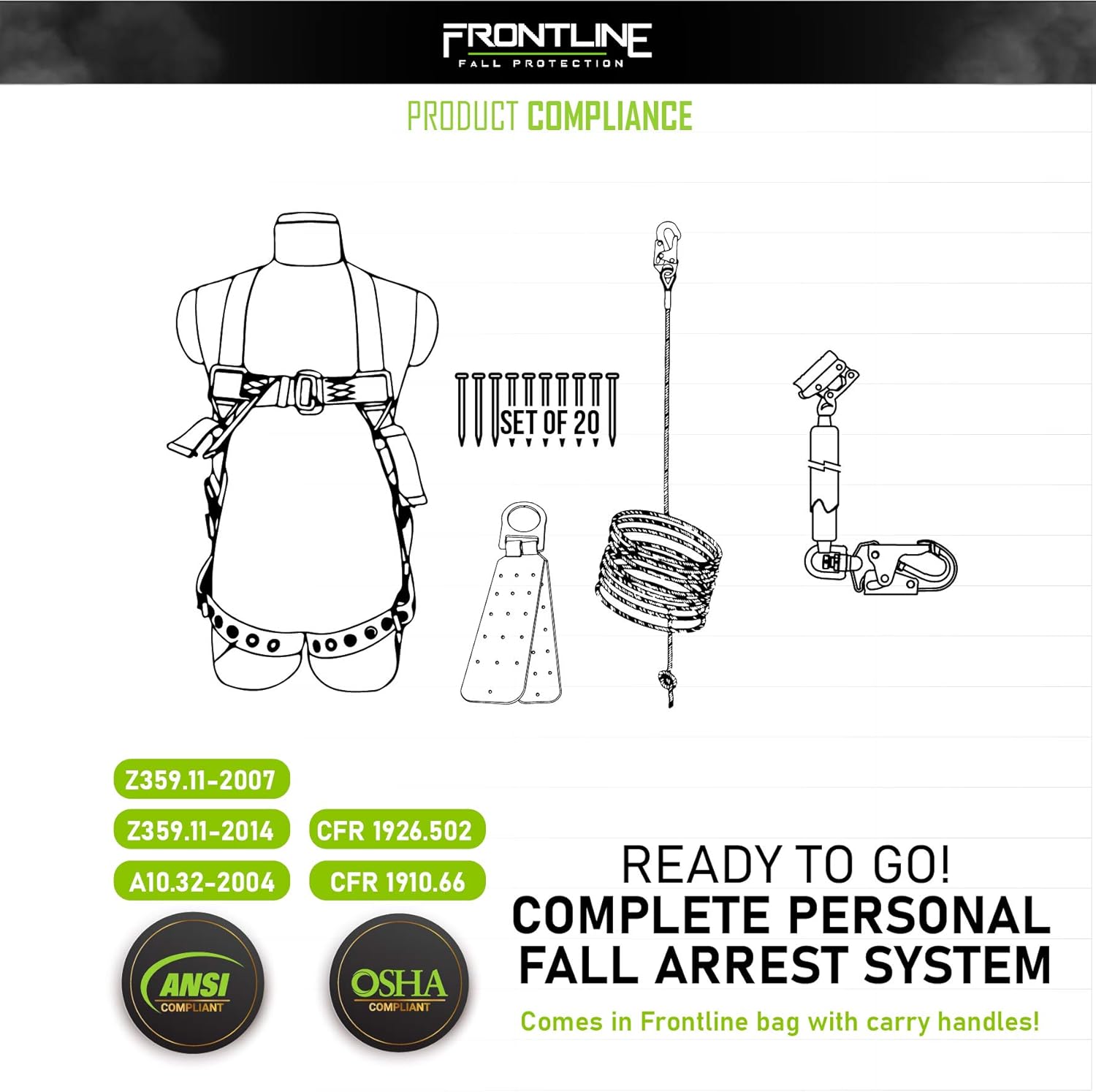 Frontline RK5PTB50 Combat Complete Roofers Kit with 50' Lifeline | Combat Economy Series Full Body Harness | 50’ Vertical Lifeline with Rope Grab | Hinged Reusable Roof Anchor | OSHA & ANSI Compliant - - 