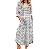 xxxiticat Women's Casual Tshirt Dresses Summer Beach Vacation Black and White Long Striped Overall T Shirt Dress with Pocket