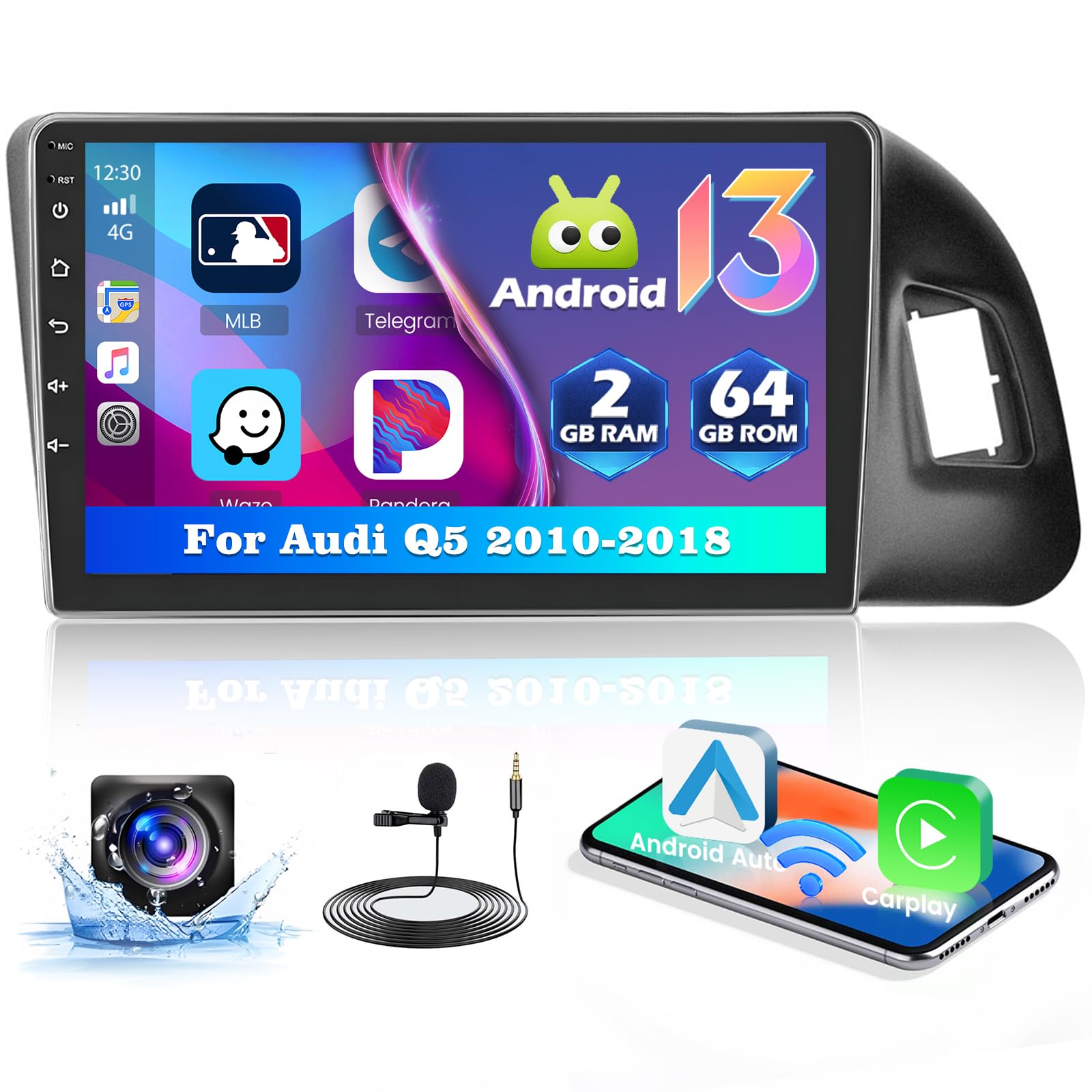 Photo 1 of [2G+64G] Android 13 Car Radio Stereo for Audi Q5 2010-2018, 9 inch IPS Touch Screen, Wireless Carplay Android Auto/Bluetooth/GPS/FM RDS/SWC/WiFi +Free AHD Backup Cam