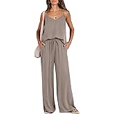 Caracilia Women Summer 2 Piece Lounge Sets Outfits Casual Matching Tank Top Wide Leg Pants Set Travel Beach Vacation Clothes