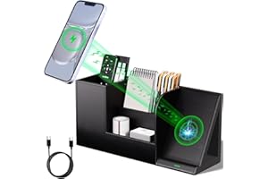 LADSTAG Pen Organizer with Phone Stand,Black Vegan Leather Desk Organizers with Remote Control Holder,Pencil Holder for Desk,Desk Organizer with Phone Charger for Office/Nightstand/Endtable