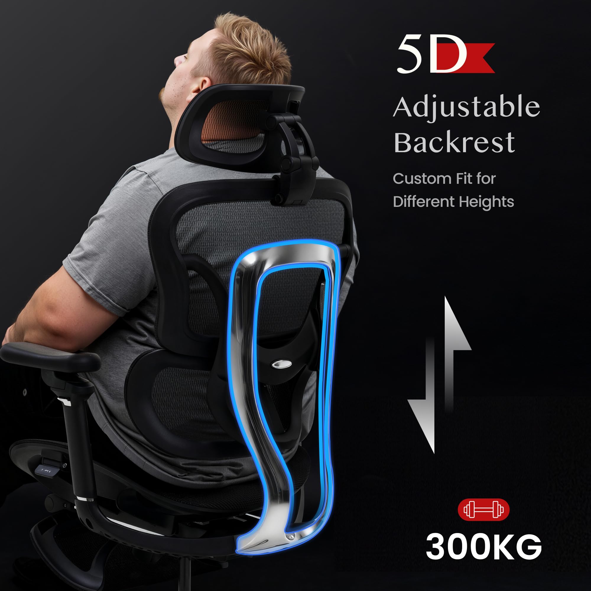 FLEXISPOT Ergonomischer Stuhl bis 300 kg, mit Fußstütze 4D Kopfstütze & 5D Armlehnen,Einteiliger Rücken- & Lendenstütze Bürostuhl für Büro und Gaming, ErgoX Max, Schwarz 3