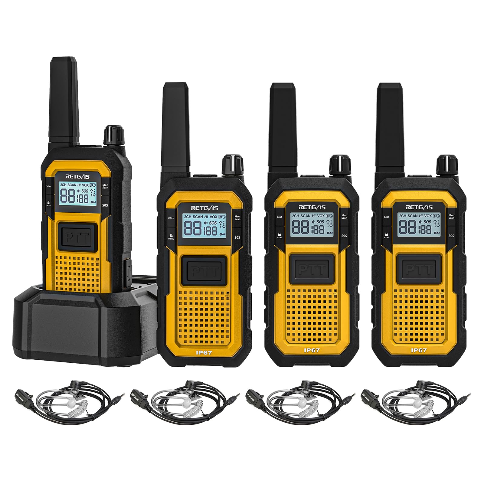 Retevis RB648 Walkie Talkie, Waterproof 2 Way Radios IP67, Dual PTT, SOS Vibration, 2000mAh, Heavy Duty Walkie Talkie with Earpiece for Construction Site Contractors (4 Pack, Yellow)