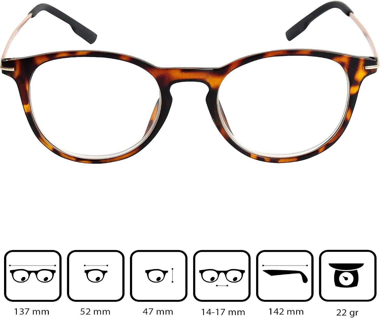 Mini Brille, Nerd Reading Glasses with Large Round Lenses, FREE Pouch, Plastic Frame with Metal Temples (Tortoiseshell brown) - Image 3