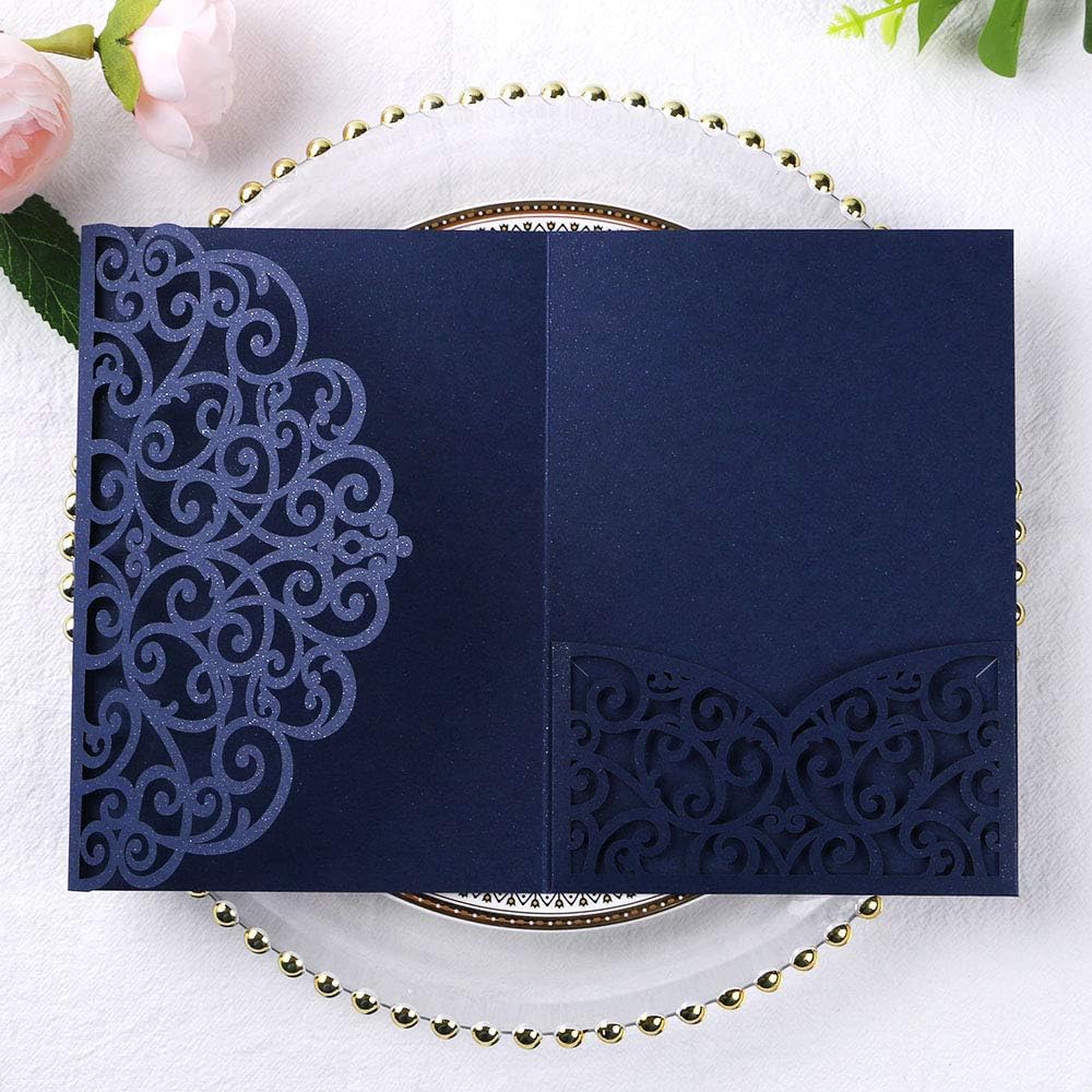 ponatia 5.12 x 7.2 Laser Cut Invitation Pocket, 20PCS Tri-Fold 5 x 7 Laser Cut Wedding Invitation Pockets with Envelopes for Wedding Bbay Shower Birthday Sweet 16 Invite (Navy Blue, No Inner Sheet)