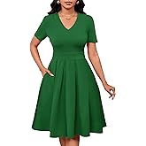 MarryUP Women Summer Short Sleeve Dress V Neck Semi Casual Fit and Flare Church Wedding Guest Work Dresses with Pockets