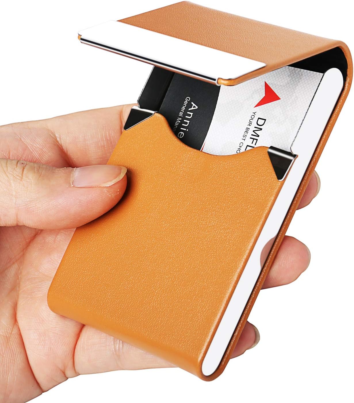 DMFLY Business Card Holder Leather Business Card Case Metal Name Card Case, Slim Design for Women and Men, Magnetic Shut, Hold Up to 25 Cards, Apricot -LB