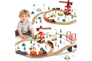 TOY Life Train Set 81pcs with Crane & Locomotive Train Toy, Wooden Train Tracks Toys for Toddlers Boys Girls 3 4 5, Wood Toys Gift Toddler Train for Kids 4-8 - Fits Thomas Brio Chuggington