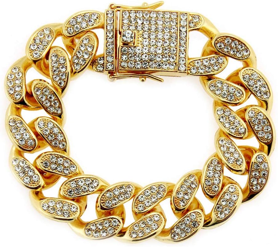 HUAMING 12mm Gold Plated Hip Hop Iced Out CZ Lab Diamond Miami Cuban Link Chain Bracelet for Men and Women