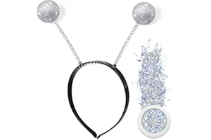 U-ZOMIR Glitter Alien Antenna Headband with Holographic Chunky Glitter & Ball Boppers, Silver Space Party Favors for Women