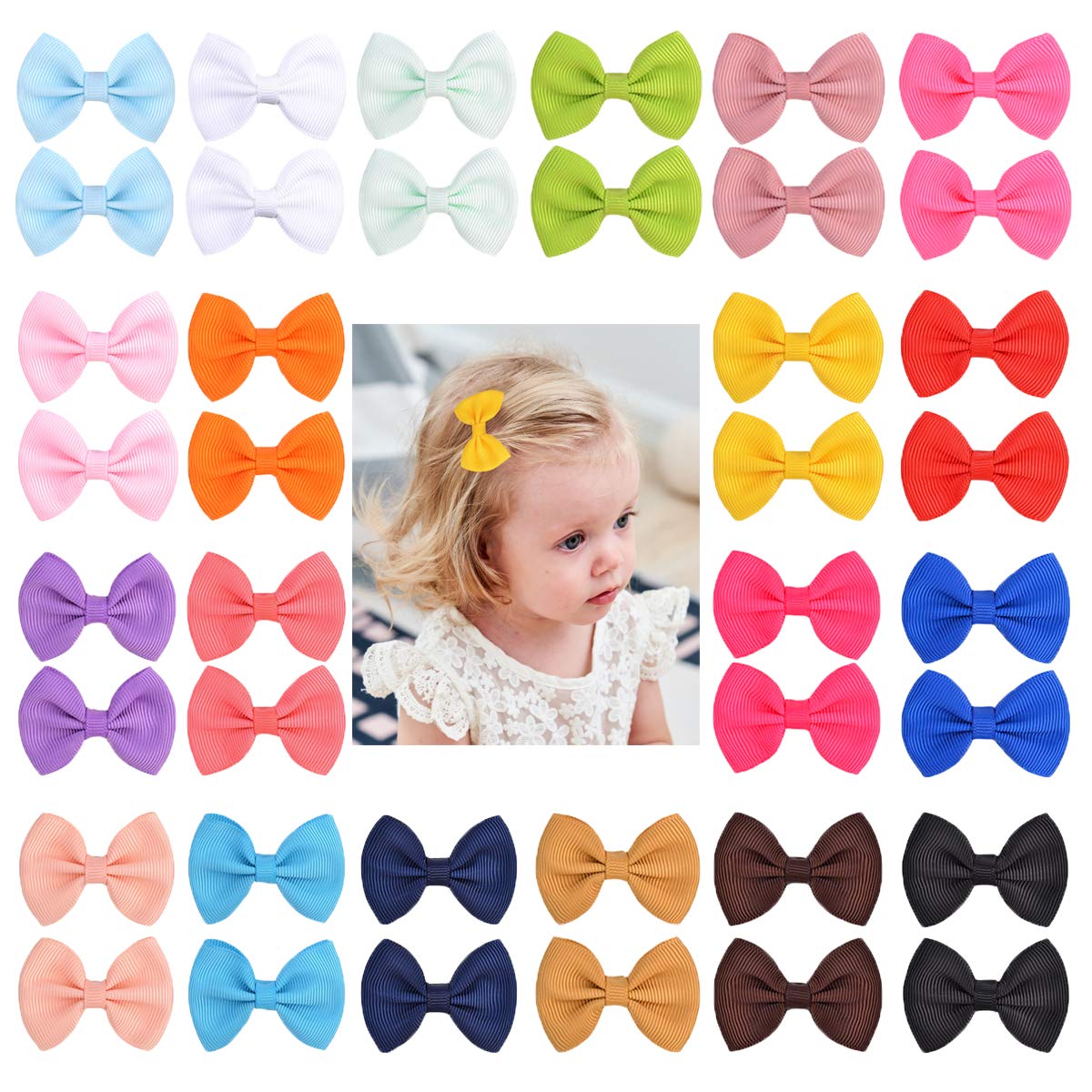 Jollybows 40pcs 1.8Inches Baby Girls Hair Bows Clips Mini Hair Barrettes Grosgrain Ribbon Hair Accessories for Kids Toddlers Infants