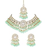 I Jewels Gold Plated Indian Wedding Bollywood Kundan & Pearl Choker Necklace Earring & Maang Tikka Ethnic Jewellery Set for Women (K7232-1)