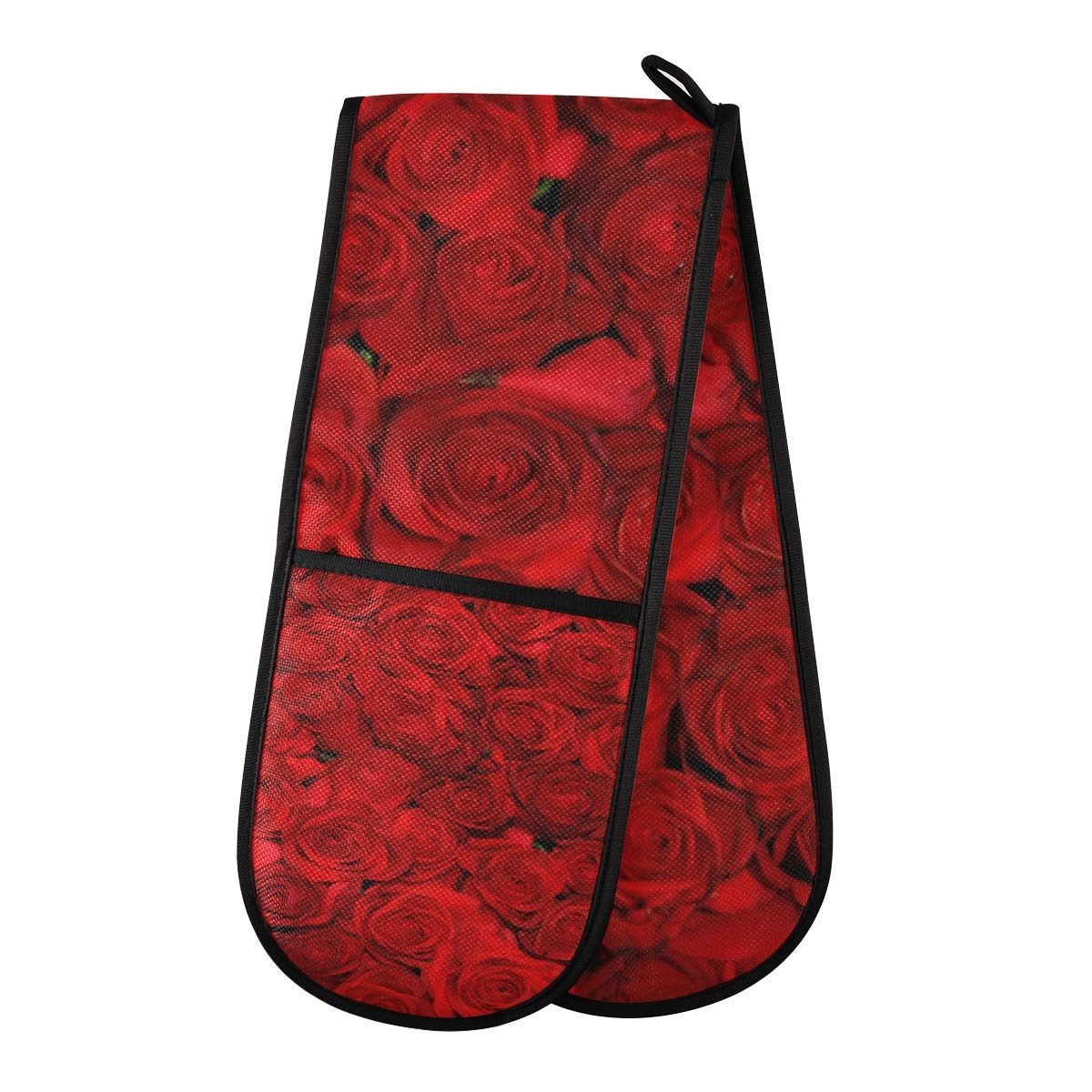 ZZXXB Red Rose Floral Double Oven Mitt Heat Resistant Non-Slip Kitchen Gloves Extra Long 7" x 35" for Cooking Baking Barbecue Grilling