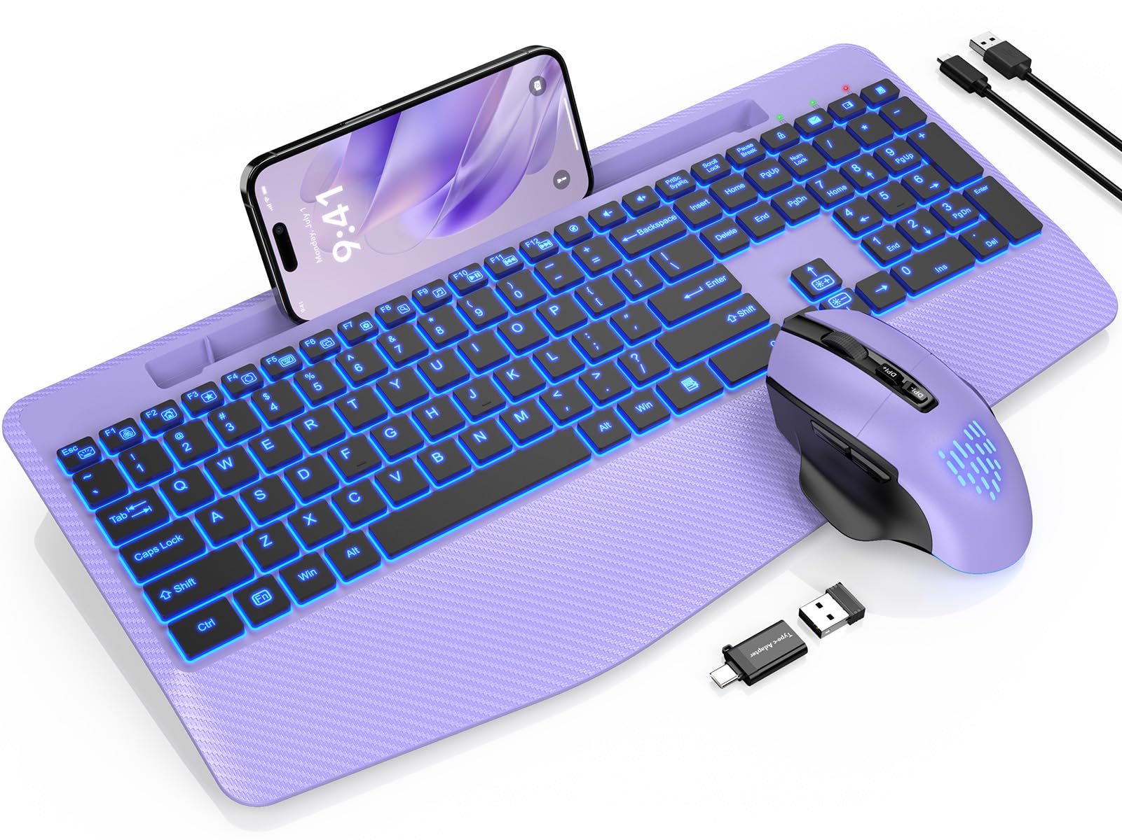 Photo 1 of Wireless Keyboard and Mouse Backlits, Wrist Rest, LED Mouse, Rechargeable Ergonomic Keyboard with Phone Holder, Silent Light Up Combo for Computer, Mac, PC, Laptop, Chromebook (Purple)