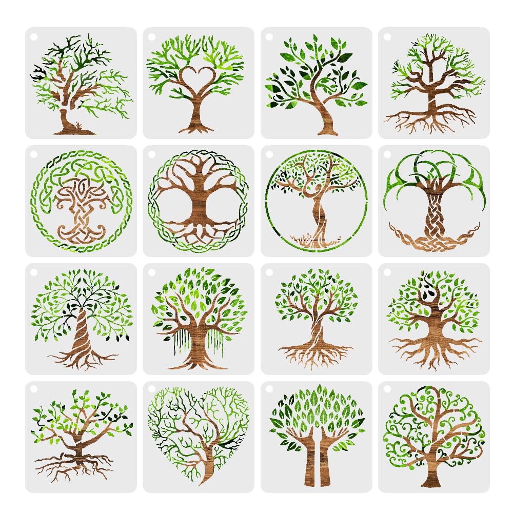 HLIWS Tree of Life Pattern Stencils-16 pcs Plastic Tree Drawing Painting Stencils,Reusable,for Painting on Wood,Canvas,Paper,Fabric,Floor,Wall