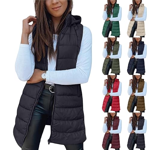 Gilet for Women UK Long Sleeveless Puffer Coats Zip up Down Body Warmers Hooded Quilted Gilets Winter Longline Plus Size Jackets Casual Padded Vest with Pockets