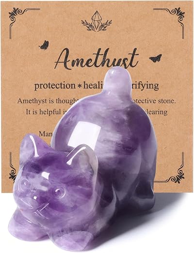 JSDDE Amethyst Crystal Cat Figurine Cute Gemstone Ornament 4x3.3x2.5cm