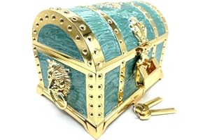 TRUEWON Vintage Metal Jewelry Chest Treasure Trinket Box, Gem Storage Tray Ring Earrings Necklace Keepsake Gift Holder Case Bag for Girls Ladies Women (Large Golden Green Empty)