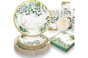 Gudvilla Sage Green Party Decorations, Plates, Cups and Napkins Set 200 Pcs for Baby Shower, Eucalyptus Bridal Shower, Birthd