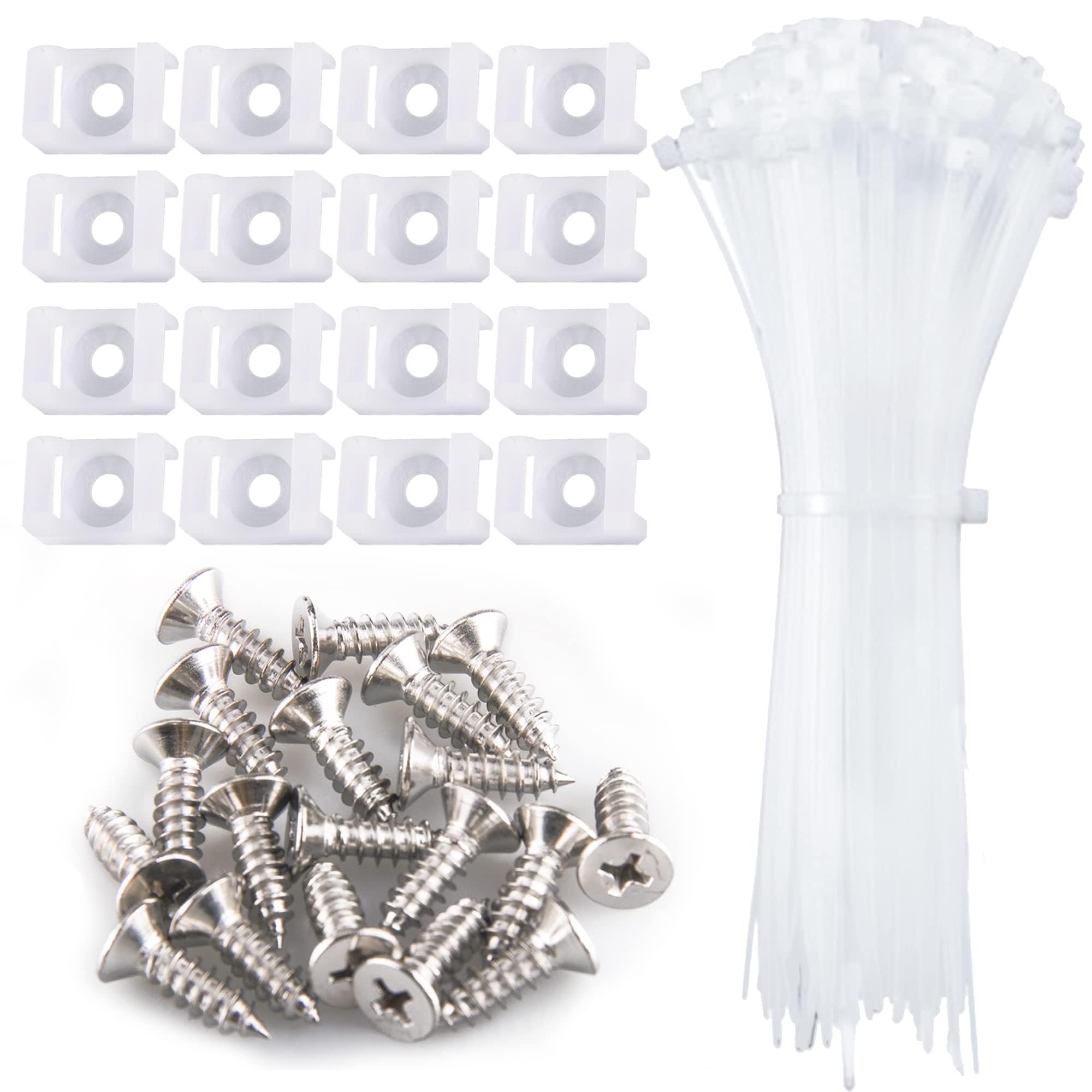 100 Pieces Cable Tie Mount Base Saddle Type Mount Wire Holder, 100 Pieces Cable Zip Ties with Self-Locking (203.2 x 3.3mm) and 100 Pieces Deep Thread Pan Head Screws (White)