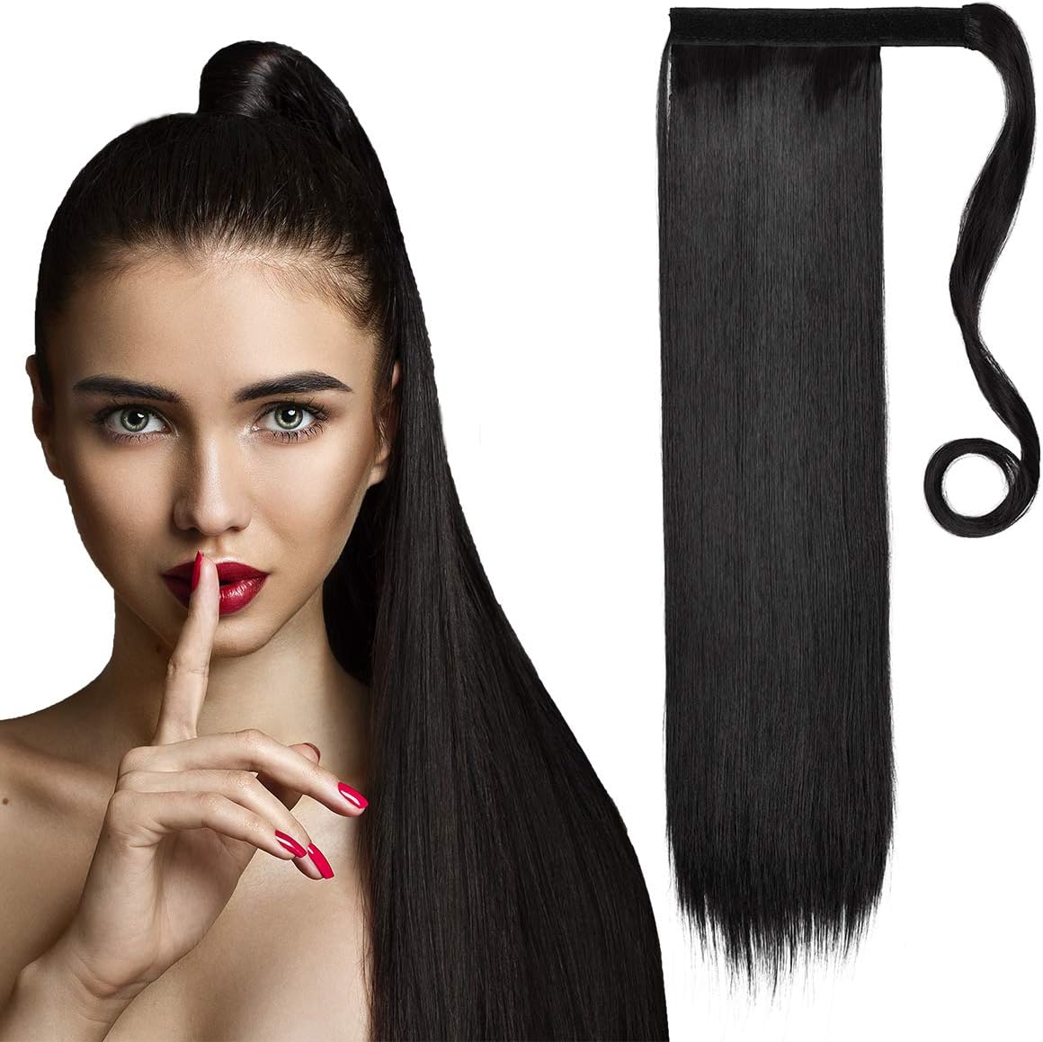 SHEDOWIG Ponytail Extension Wrap Around Long Straight Clip in Ponytails Hair Extensions for Women 26 Inch Synthetic Hairpiece Brownish Black