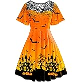 AOBUTE Women Halloween Dress Lace Flutter Sleeve A-Line Party Dresses