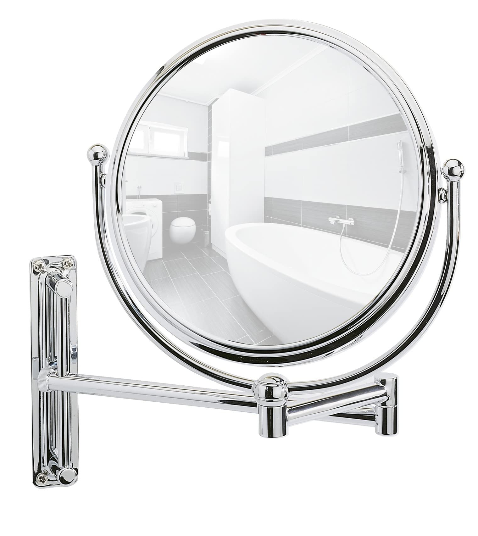 WENKO Wall-mounted cosmetic mirror Deluxe - height-adjustable, swivel function, reflecting surface ø 19 cm 500 % magnifying effect, Steel, 23 x 28.5 x 33 cm, Chrome
