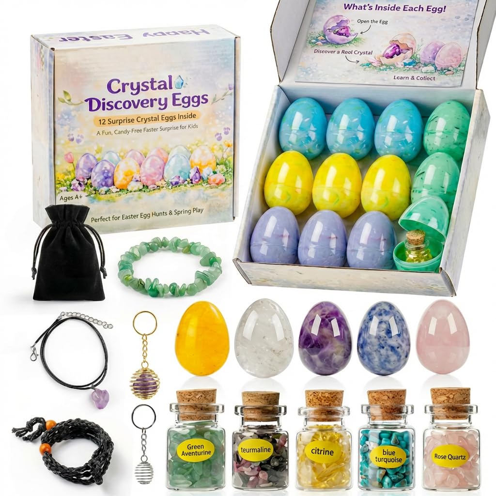 AONTESS Easter Basket Stuffers, 12PCS Prefilled Easter Eggs with Gemstone Crystals & Jewelry Set, Bracelet Necklace Keychain for Easter Egg Hunt